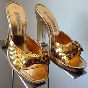 Marc Jacobs Sequin Gold Bow Platform Sandals